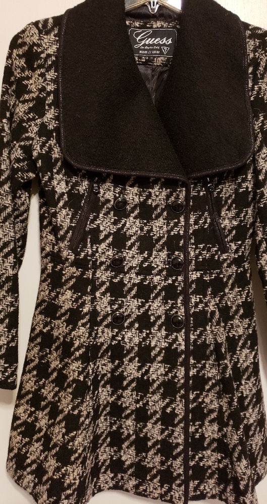 Guess Black and White Houndstooth Tweed Pea Coat